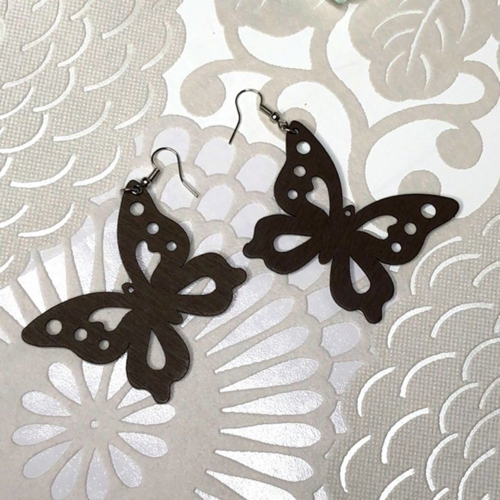Butterfly Earrings, Wooden, Brown